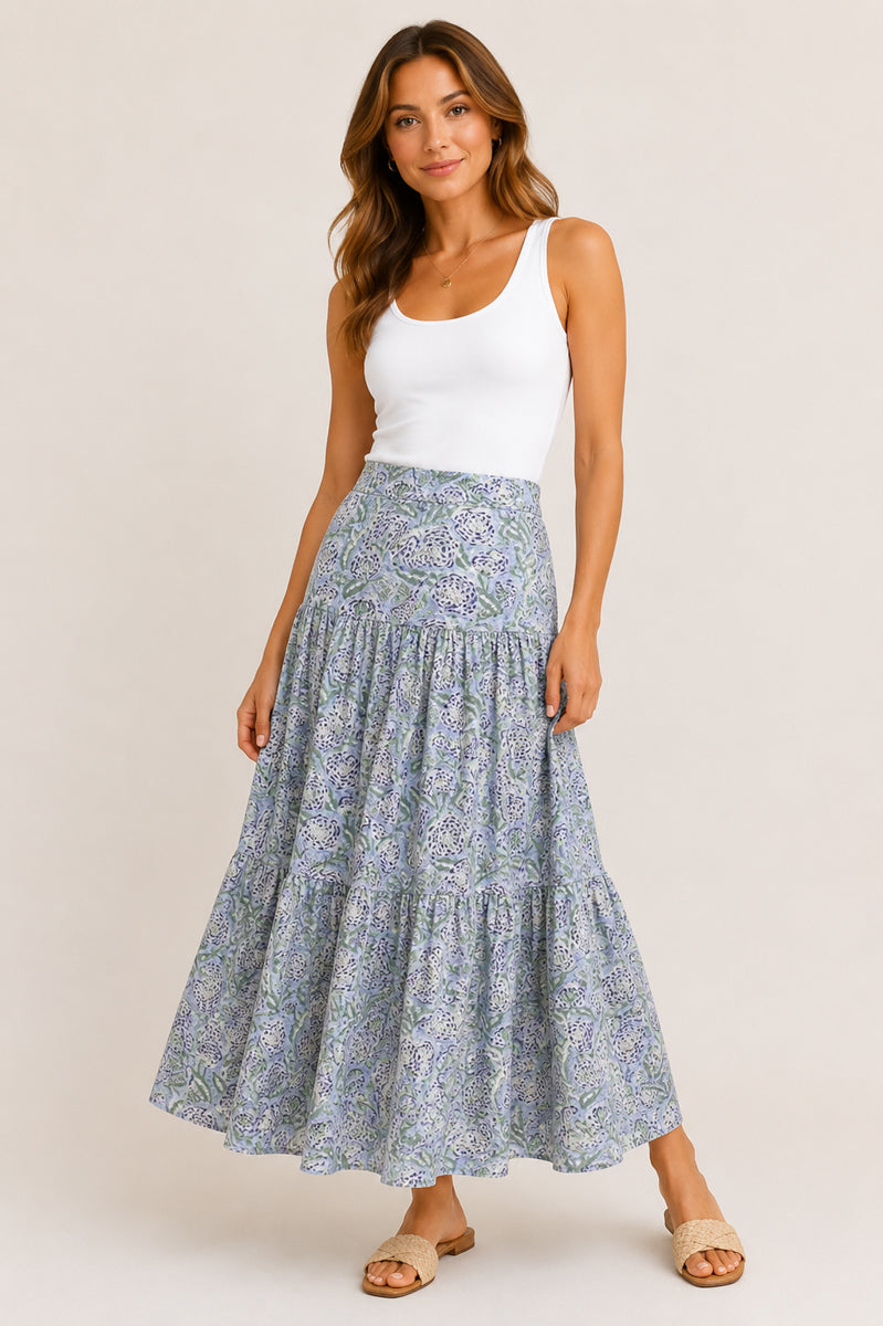 Olive and Navy Print Tiered Skirt