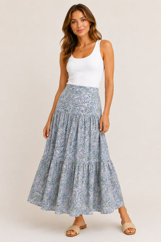 Olive and Navy Print Tiered Skirt