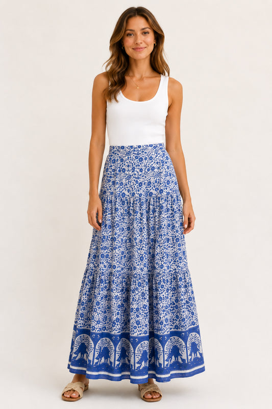Blue and White Print Cotton Tiered Skirt