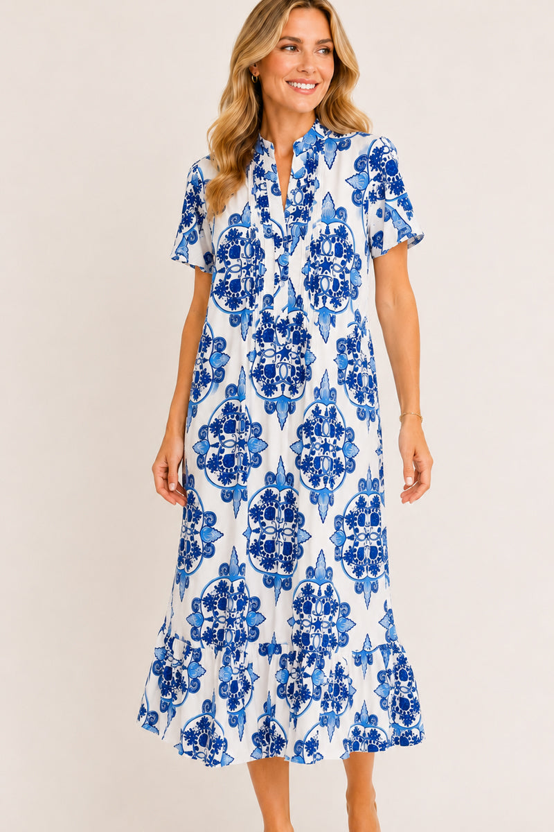 Blue and White Print Maxi Dress