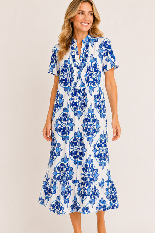 Blue and White Print Maxi Dress