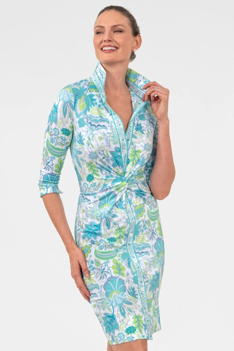 Ocean Floral Twist Front Collared Dress